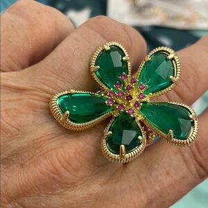 Source Unknown Gold-Tone Flower Ring with Green and Pink Stones